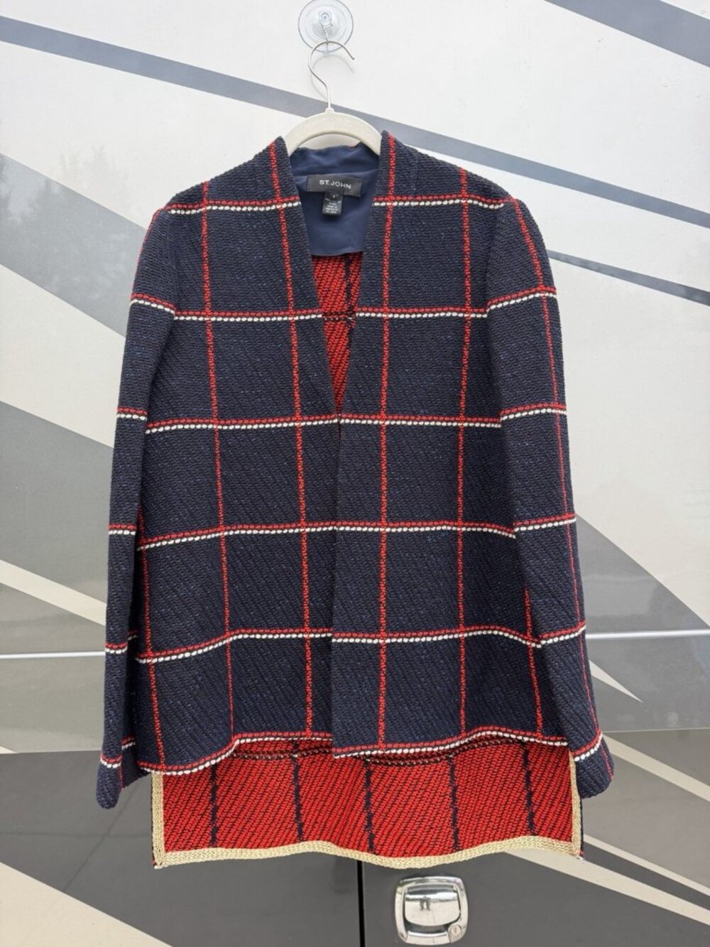 St. John Blue red metallic hi-low designer windowpane plaid blazer 6 officecore